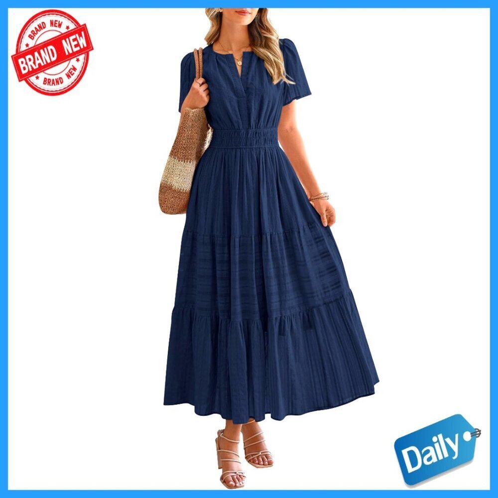 Lightweight Boho Midi Dress with Pockets Elastic Waist V Neck Summer Casual